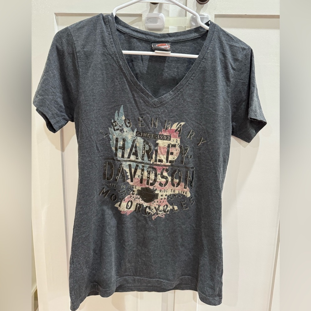 Harley-Davidson Women's Charcoal V-Neck Tee with Faded Multicolor Graphic